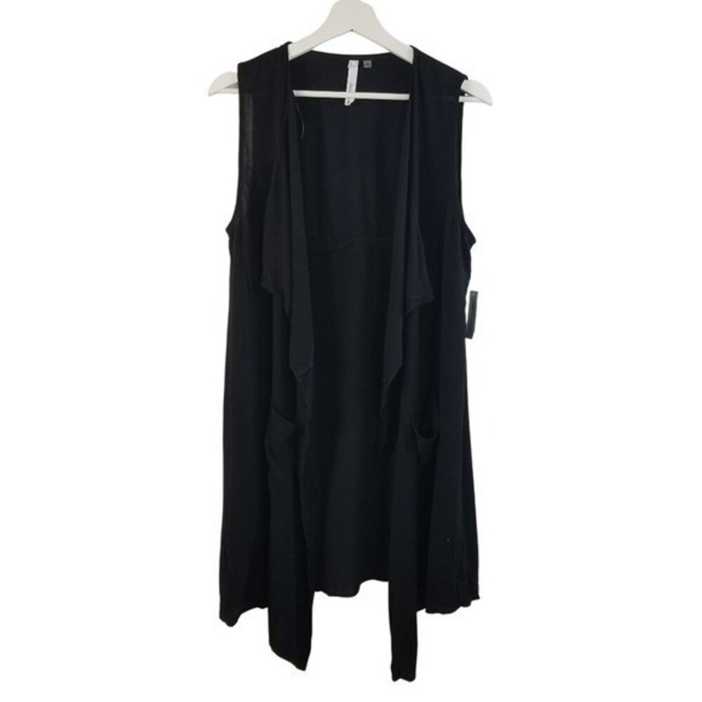 NY Collection Vest Cardigan Women Medium Black Draped Open Front Longline Pocket